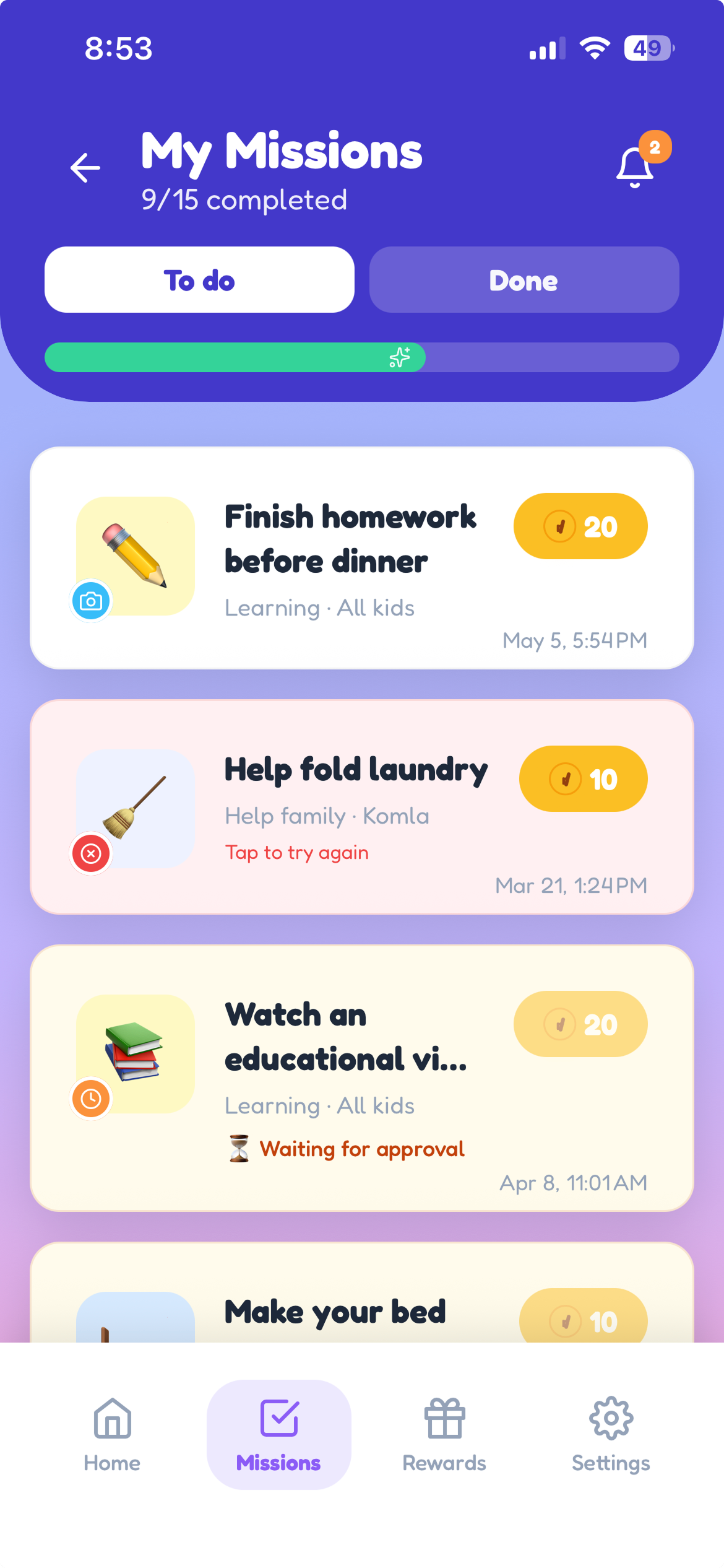 Kid missions screen in RadiJar